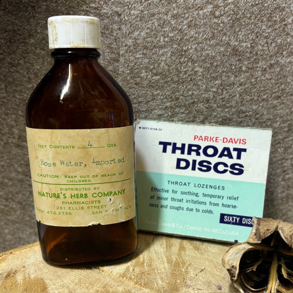 Vintage Nature's Herb Company Rose Water Bottle & 1976 Parke-Davis Throat Box - Picture 1 of 9
